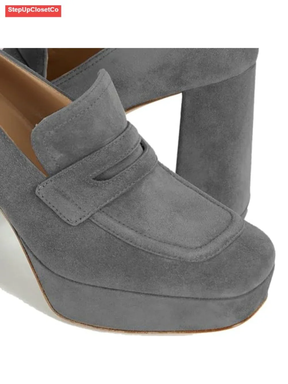 Women Suede Platform Loafers Chunky Block High Heels Square Toe Slip On 4